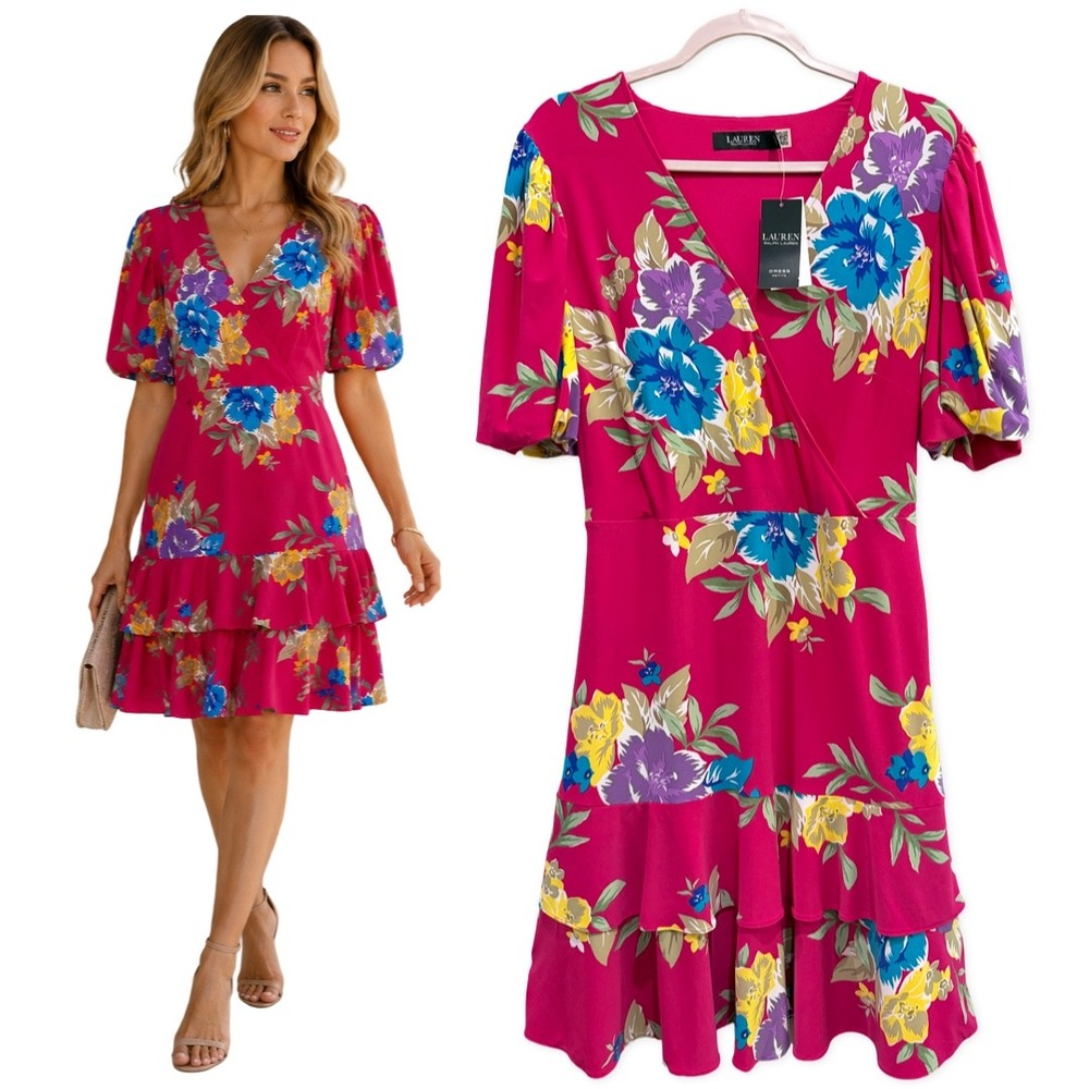 Ralph Lauren Floral Mini‎ Dress Pink Large Puff Sleeve V Neck Ruffle Stretch